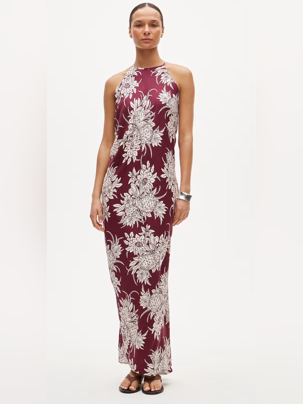 J. Crew Collection Burgundy Floral Halter Low Back Maxi Dress Satin Medium